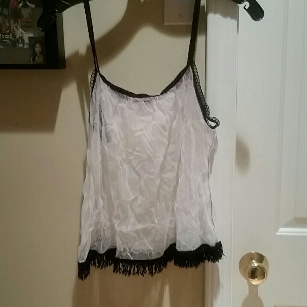Sheer white with black fringe and piping chemise